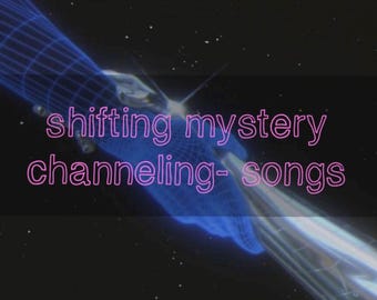 May include: An artistic digital image with a dark background and a neon pink text that reads "shifting mystery channeling- songs". The image also features a blue wireframe hand and a silver object.