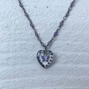 Amethyst butterfly glass pendant gunmetal necklace