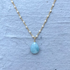 Aquamarine and mother of pearl teardrop necklace
