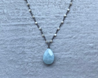 Aquamarine and mother of pearl teardrop gunmetal necklace