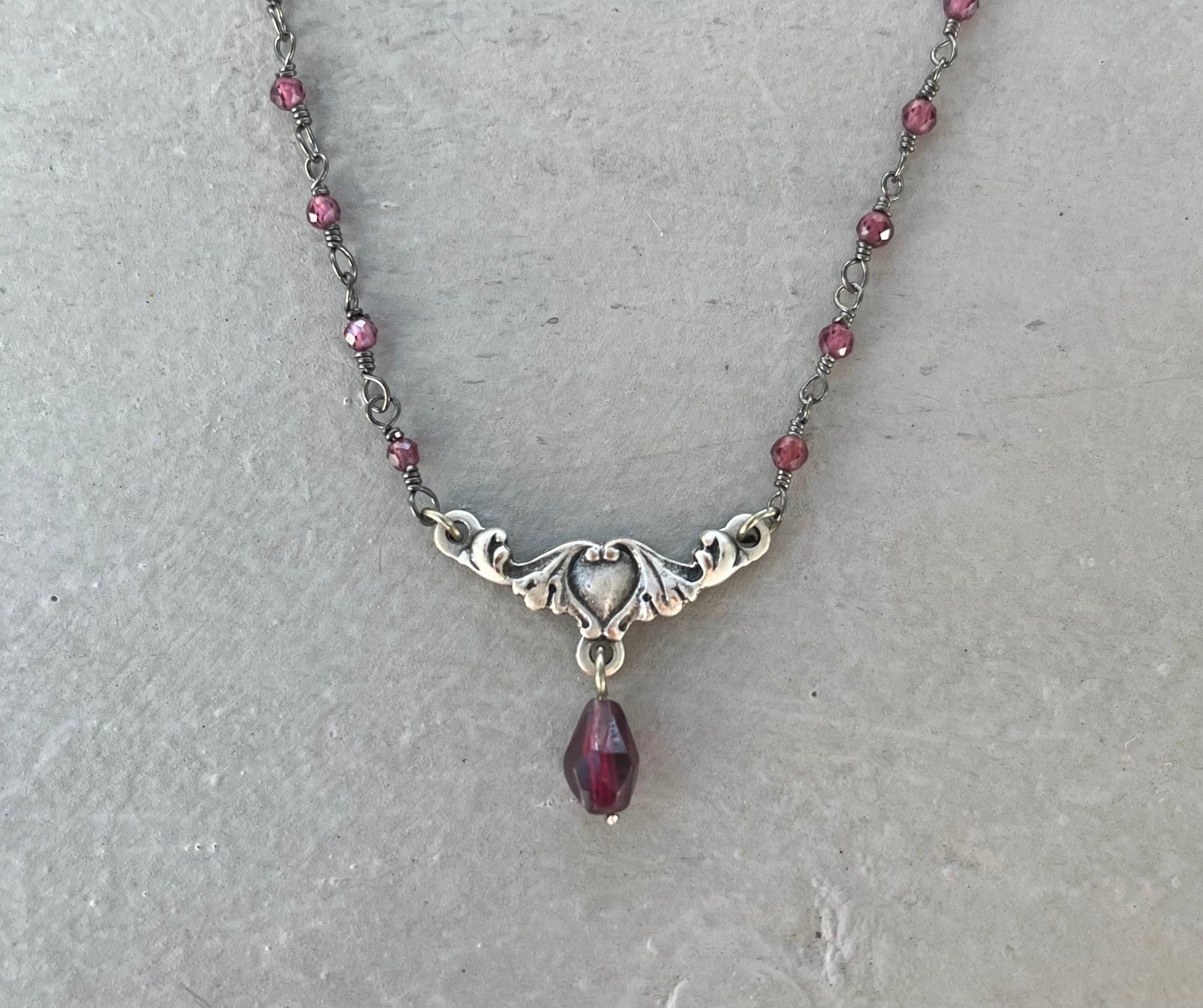 Garnet victorian style gunmetal necklace
