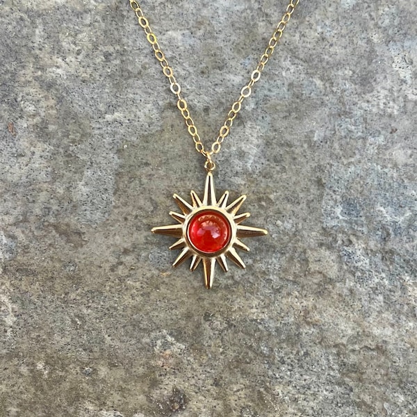 14k gold carnelian sun necklace