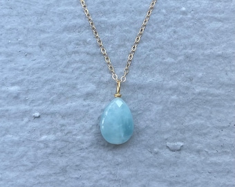 14k gold dainty aquamarine teardrop necklace