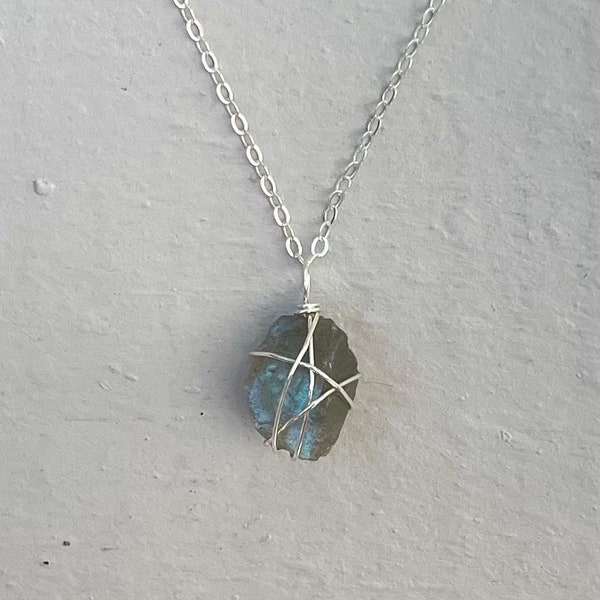 Labradorite sterling silver dainty wire wrapped necklace