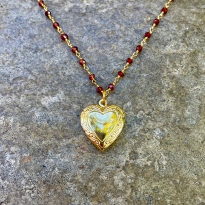 Garnet heart locket gold necklace