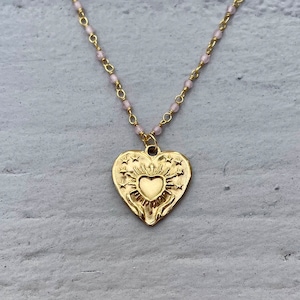 Gold heart necklace with rose quartz chain image 1