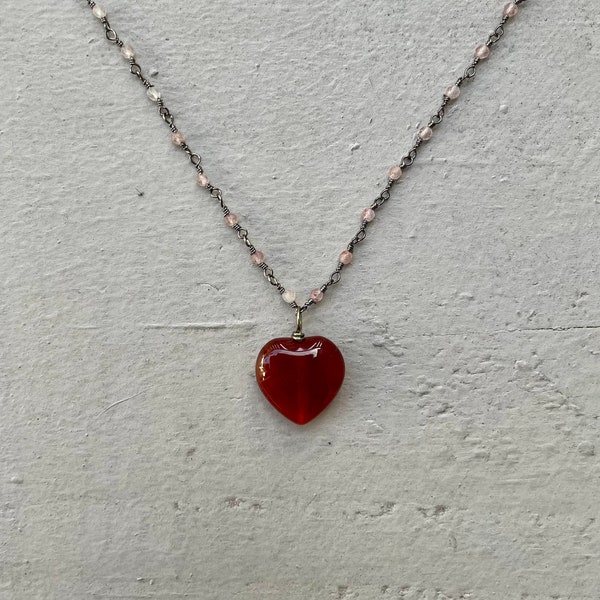 Carnelian and Rose Quartz Heart Gunmetal Necklace