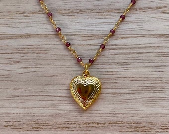 Garnet dainty gold heart necklace