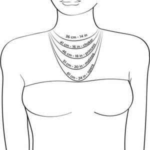 May include: A diagram showing different necklace lengths with their corresponding names and measurements in inches and centimeters. The lengths include choker, princess, matinee, and opera.