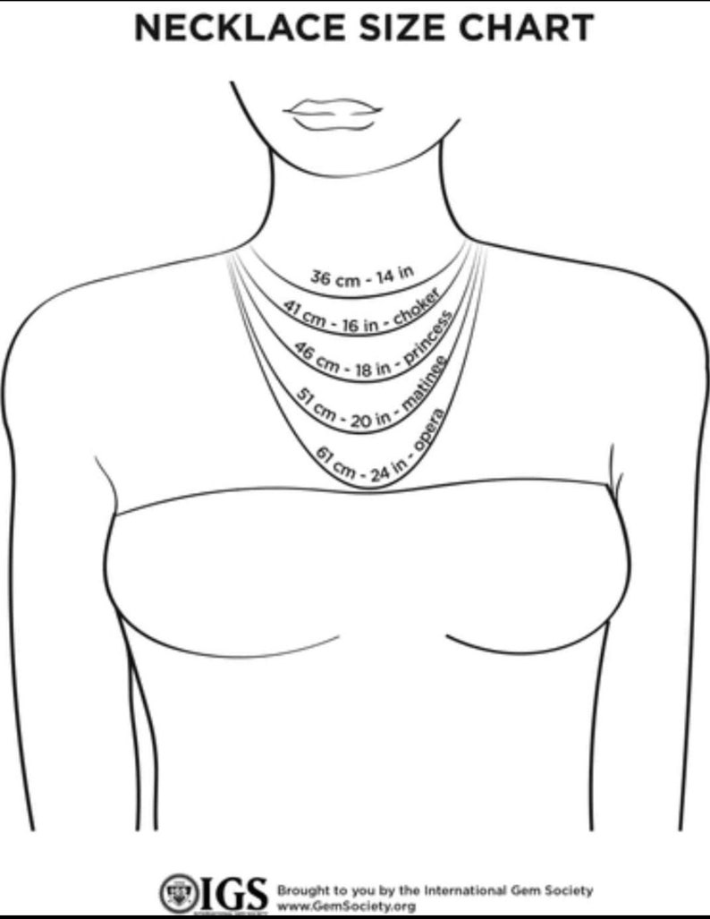 May include: A diagram showing different necklace lengths with their corresponding names and measurements in inches and centimeters. The lengths include choker, princess, matinee, and opera.