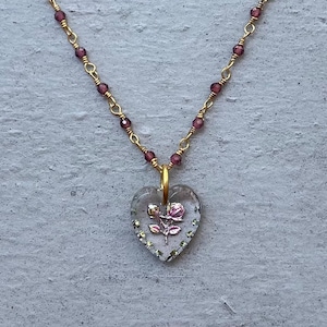 Garnet and hand-etched glass heart necklace