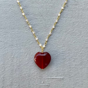 Carnelian and Rose Quartz Heart Gold Necklace