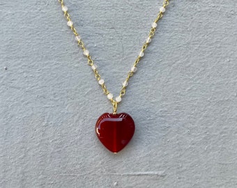 Carnelian and Rose Quartz Heart Gold Necklace