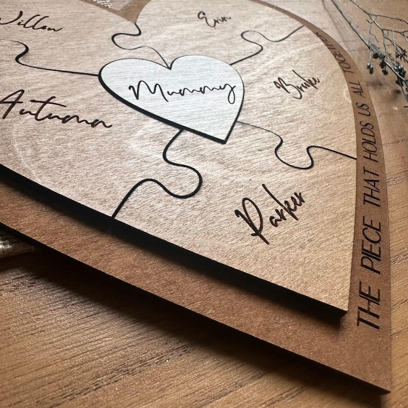 Puede incluir: Rompecabezas de madera en forma de coraz&oacute;n con la palabra "Mummy" en el centro. Las piezas del rompecabezas est&aacute;n grabadas con nombres. La frase "THE PIECE THAT HOLDS US ALL TOGETHER" est&aacute; impresa en el lateral. El rompecabezas es de madera marr&oacute;n claro.