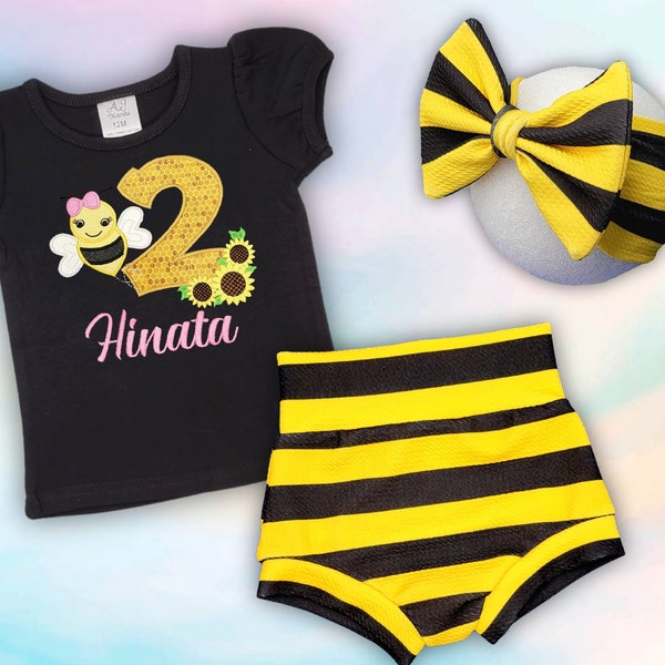 Queen Bee Birthday Outfit Personalize shirts, bloomer and matching bow / Diaper cover / Smash cake outfit