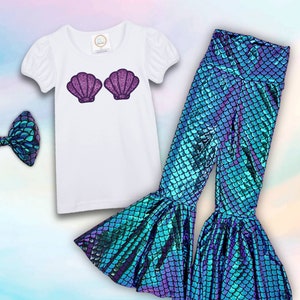 Purple and green Mermaid shirt and bell bottoms with matching bow / Sea shell shirt