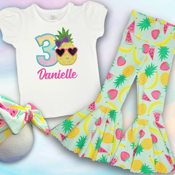 Personalized Twoitt-frutti birthday outfit with ruffle bell bottoms, headband bow and shirt / Tropical themed / Little girls summer birthday