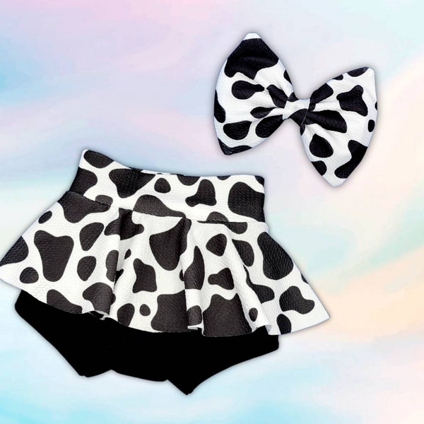 Cow print skirted bloomer and big bow head wrap outfit/ skirted bummie/ size 0-3m to 4T