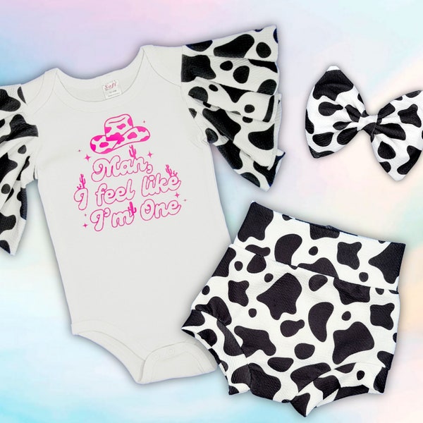 Cow girl birthday outfit with bloomers (bummie) ruffle sleeve bodysuit and bow