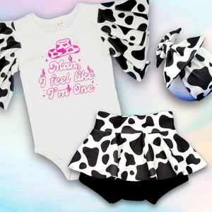 Cow girl birthday outfit with skirted bloomers ruffle sleeve bodysuit and bow