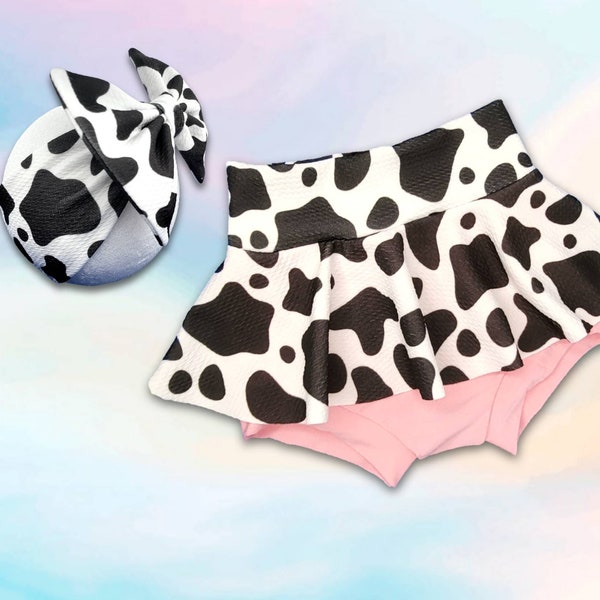 Cow print skirted bloomer and big bow head wrap outfit/ skirted bummie pink and cow print / size 0-3m to 4T