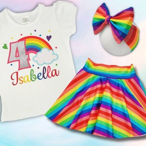 Personalize Rainbow themed birthday outfit/ shirt, skirt, and big bow/ sizes 9-12m to 10