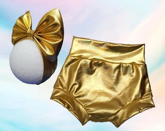 Metallic gold bloomer and headband bow outfit/ cake smashing outfit/ diaper cover/ bummie shorts/ size 0-3m to 12