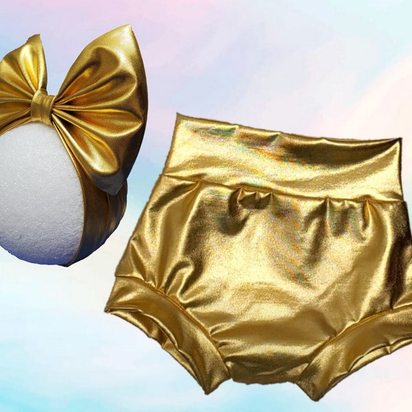 Metallic gold bloomer and headband bow outfit/ cake smashing outfit/ diaper cover/ bummie shorts/ size 0-3m to 12
