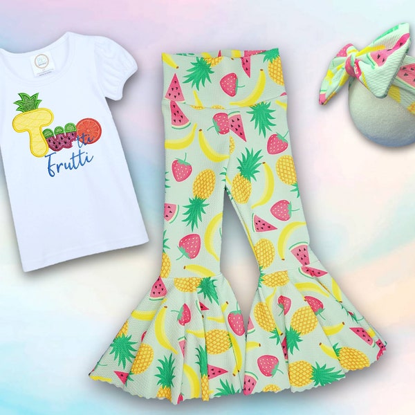 Twoitt-frutti birthday outfit with ruffle bell bottoms, headband bow and shirt / Tropical themed /