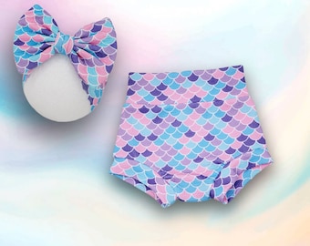 Mermaid Themed Bummie and headband bow or bow with clip / Pink purple and blue mermaid scales bloomers