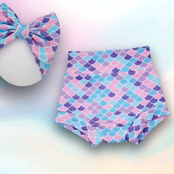 Mermaid Themed Bummie and headband bow or bow with clip / Pink purple and blue mermaid scales bloomers