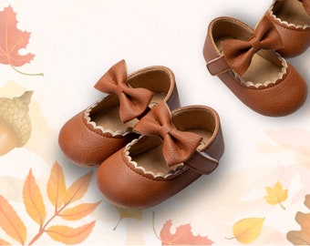 First walker Mary Jane Style Infant Toddler Shoes and Socks / Tan faux leather / non-slip rubber soft soles / knee high baby socks