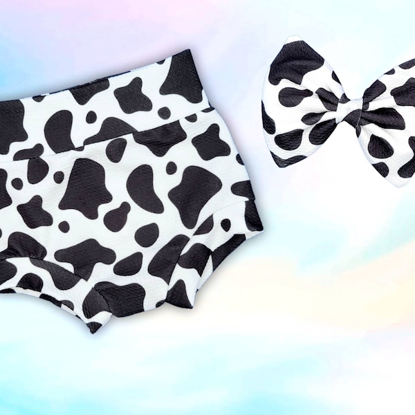 Cow Print bummie shorts with big bow headband outfit/ farm themed birthday bloomers shorts/ sizes 0-3m thur size 12