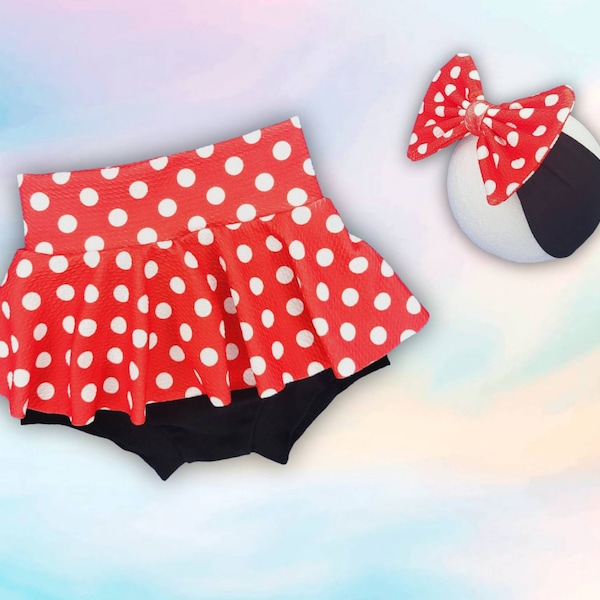 Red and white polka-dot Skirted bloomer and big bow head wrap set/ skirted bummie outfit/ size 0-3 months to 4T