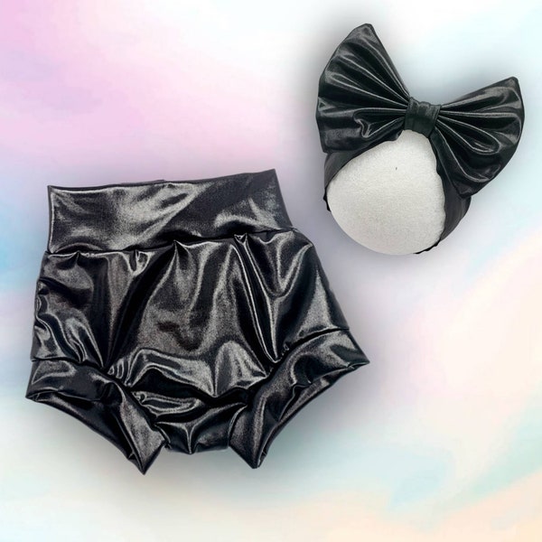 Black Faux leather bloomer and headband bow outfit/ baby shower gift outfit/ diaper cover/ bummie shorts/ biker babes