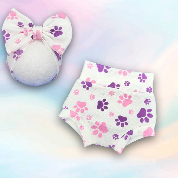 Pink and Purple Paw Print Bummie and handband bow / Diaper cover, bloomers, bow with