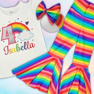 Rainbow Theme Birthday outfit with personalized shirt, bellbottoms, and headband bow / 90 style pants / sizes 0-3m to 10