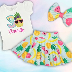 Little Girl's Summer Birthday Outfit / Pineapple with sunglasses shirt, Skirt and bow with personalize shirt