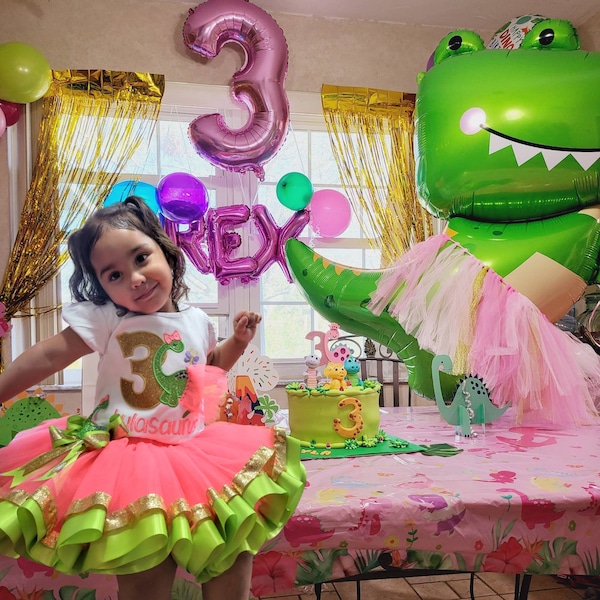 Little Girl's Dinosaur Birthday  Shirt and Tutu Set / Baby First Dinosaur themed party outfit / size 12m to 10