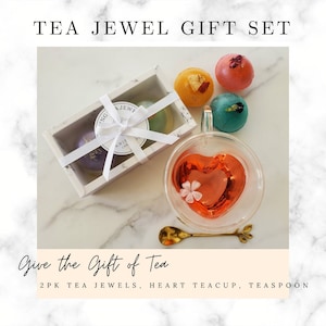 2 Pack Melting Tea Jewels, Tea Bombs, Tea Jewel & Teacup/Teaspoon Gift Set, Tea Lover Gift, Tea Gifts, Glass Teacup Set