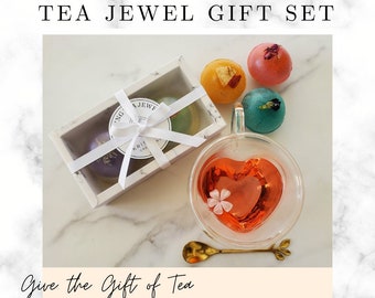 2 Pack Melting Tea Jewels, Tea Bombs, Tea Jewel & Teacup/Teaspoon Gift Set, Tea Lover Gift, Tea Gifts, Glass Teacup Set