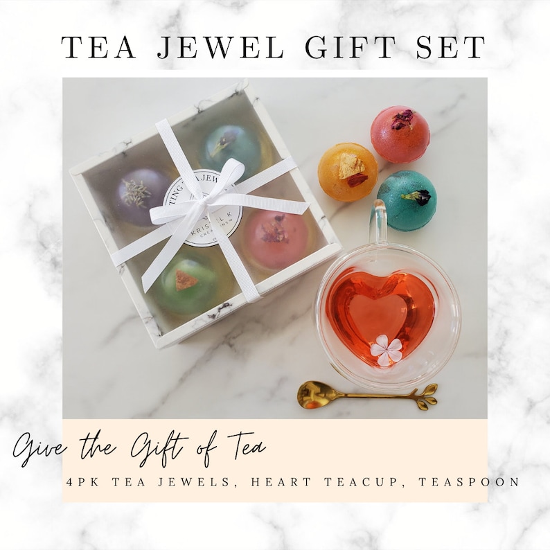 Melting Tea Jewels, Tea Bombs, Tea Lover Gift Set, Tea Gifts, Glass Teacup Gift Set image 4