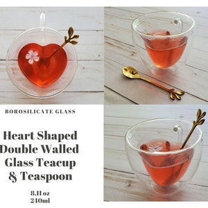 Heart Shaped Glass Cup & Teaspoon Set, Heart Shaped Teacup, Heart Shaped Mug, Double Walled Glass Mug, Tea Mug, Coffee Mug, Tea Lovers Gift
