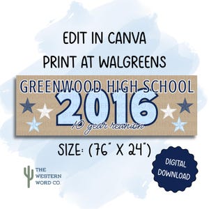 Könnte beinhalten: Eine rechteckige Bannervorlage mit dem Text GREENWOOD HIGH SCHOOL 2016 10 year reunion in dunkelblauer und hellblauer Schrift. Das Design enthält dunkelblaue und hellblaue Sterne auf beigem Hintergrund mit einer Größe von 193 cm mal 61 cm.