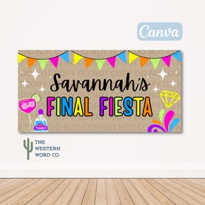 Pode incluir: Banner com o texto "Savannah's FINAL FIESTA" em letras pretas e coloridas, com uma ilustração de shot de tequila e um diamante. O banner tem um fundo bege com bandeirolas coloridas e o logotipo Canva.