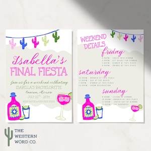 May include: A two-page invitation for "Isabella's Final Fiesta" bachelorette party in Cancun, Mexico. The design features pink and blue illustrations of tequila bottles, cocktails, and cacti. The invitation includes weekend details and RSVP information.