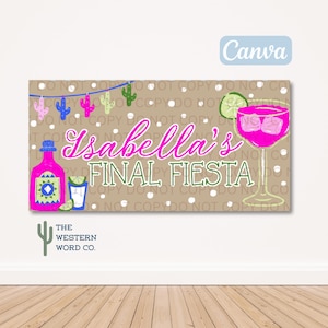 Pode incluir: Uma faixa com o texto "Isabella's FINAL FIESTA" em rosa e verde, com ilustrações de uma margarita, uma garrafa de tequila e cactos. O fundo é bege com bolinhas brancas. O logotipo The Western Word Co. está na parte inferior.
