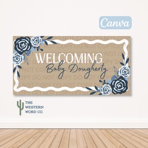 Plantilla de pancarta floral para baby shower, azul y blanca (descarga digital editable en Canva, 91 x 183 cm)