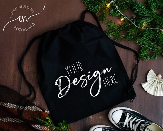 Download Cord Bag Mockup Black Christmas Backpack Mockup Blank Bag Gym Etsy