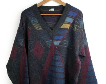 Vintage sweater with V-neck size L colorful geometric pattern Arty Retro 80s 90s
